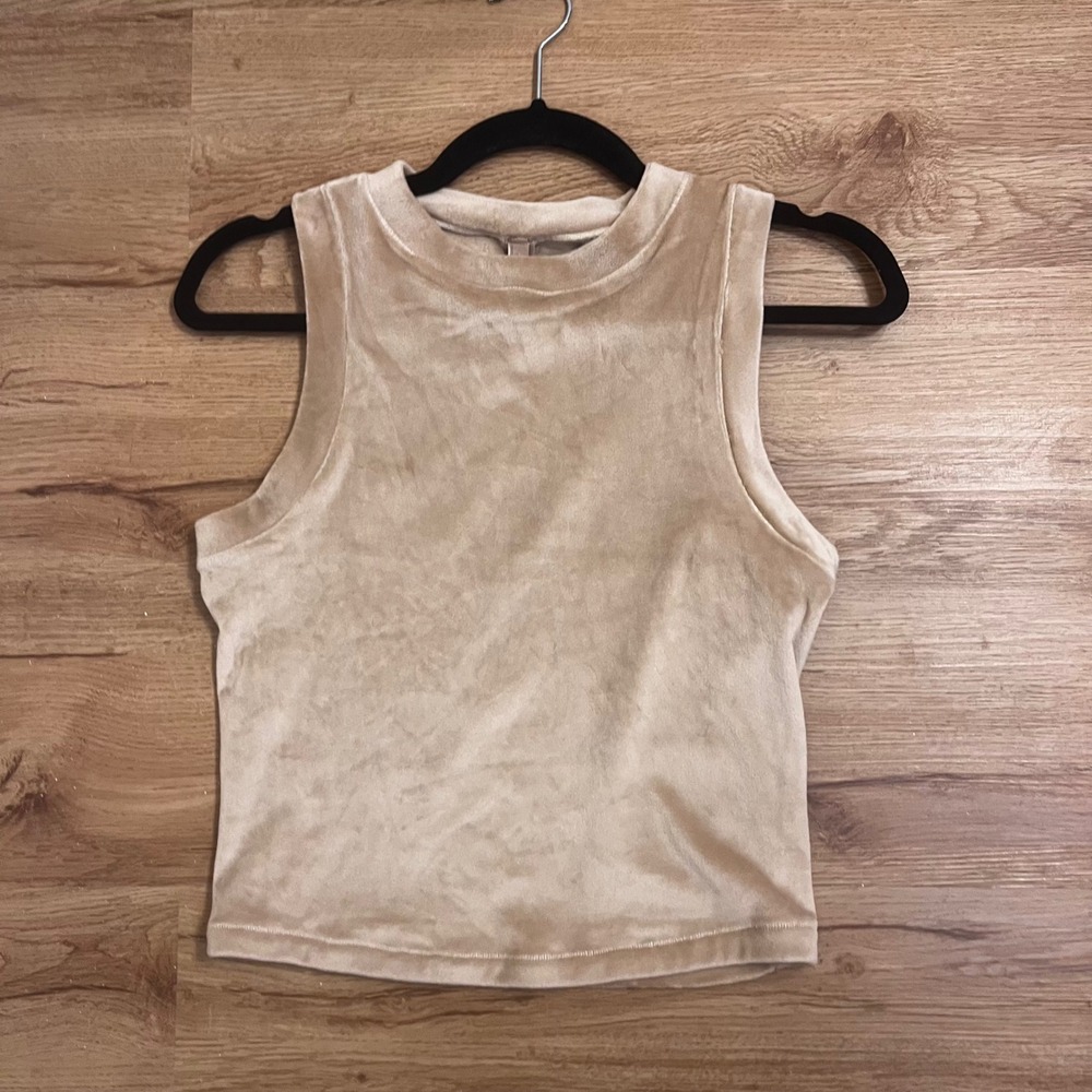 SKIMS Tank Top Women L Beige Velour Crop High Neck Sleeveless Stretch Top - Picture 7 of 7